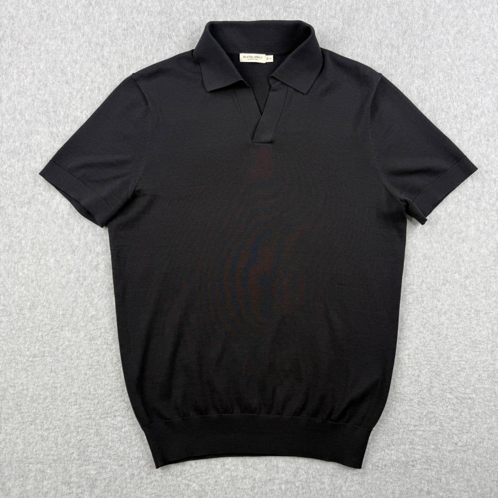Suitsupply Shirt Mens Medium Black Knit Polo Cotton Silk Preppy Open Collar